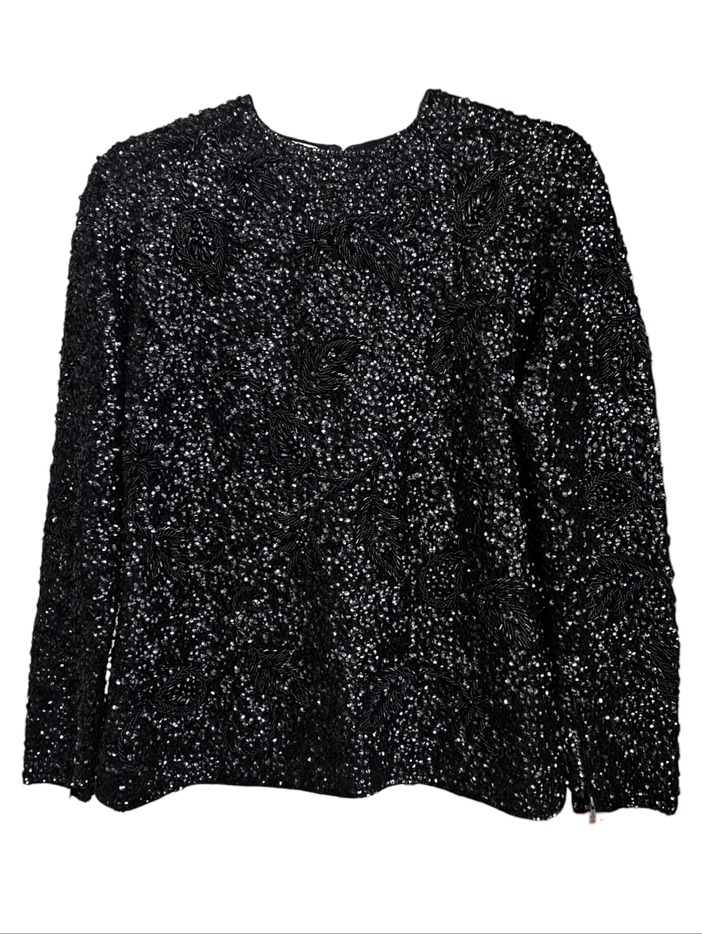 Vintage 1960's Gene Shelley Black Floral Beaded & Sequin Wool High Neck Sweater